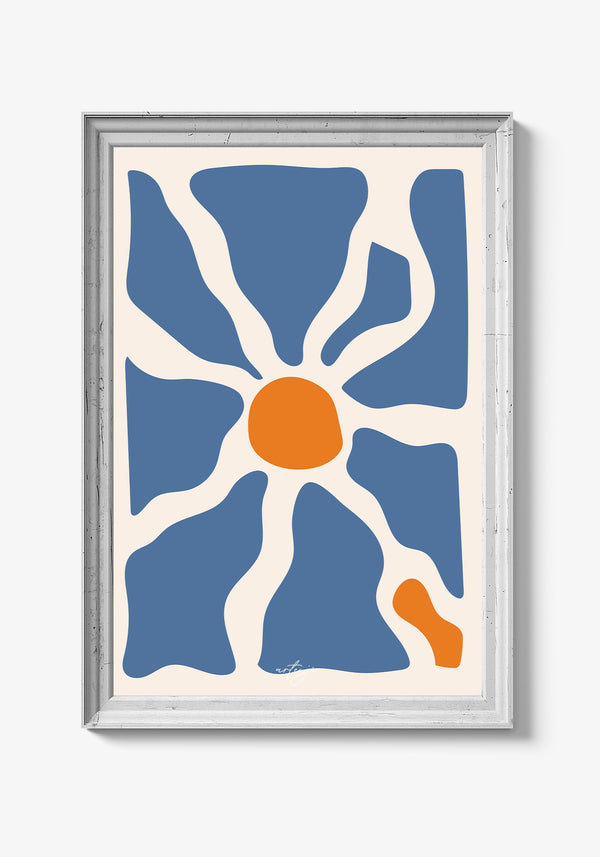 Kunstnerisk plakat med blomster og grafiske elementer.