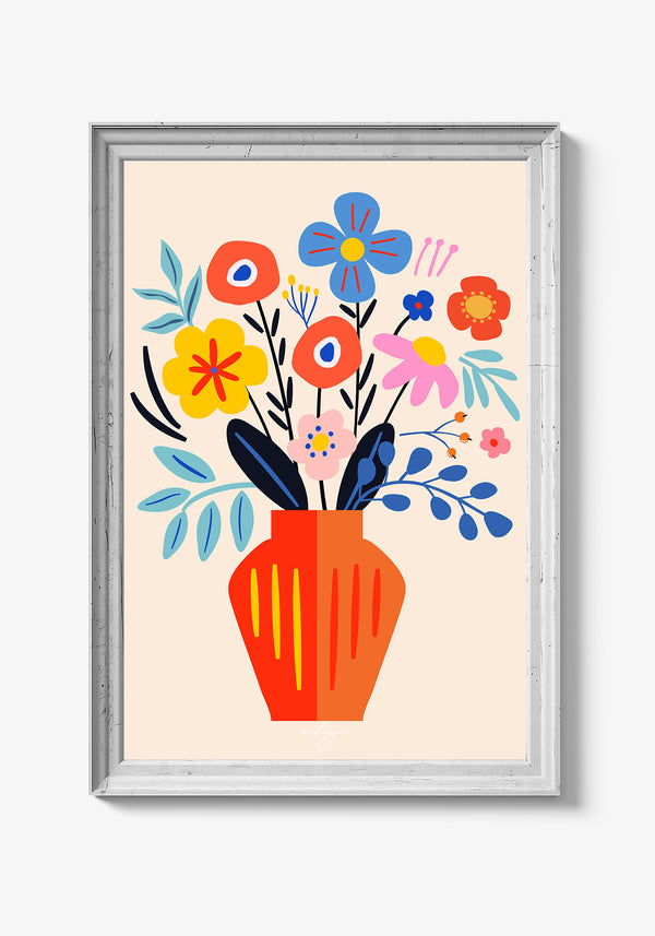 Plakat med minimalistiske blomster og bløde farver.