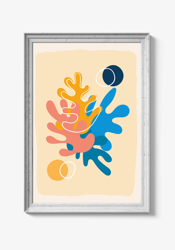 Blomstermotiv på abstrakt kunstplakat.