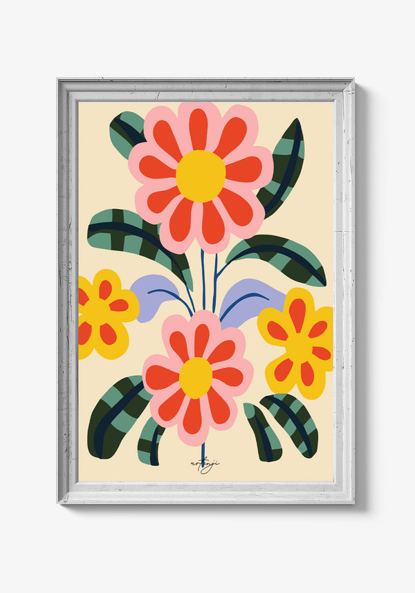 Plakat med blomster i vase og vintageæstetik.