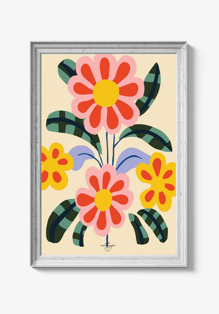 Plakat med blomster i vase og vintageæstetik.