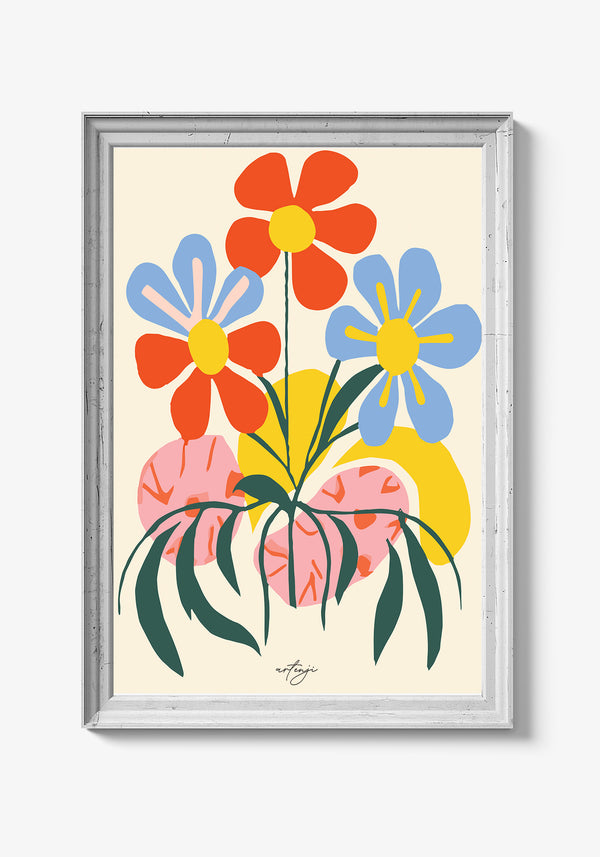 Kreativ kunstplakat med lag-på-lag blomsterprint.