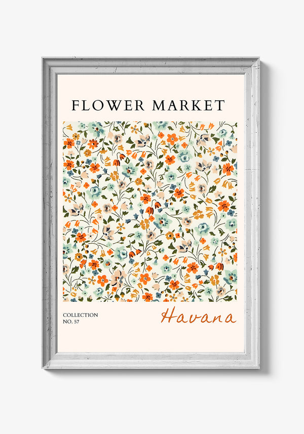 Plakat med blomster og naturmønstre i varme farver.