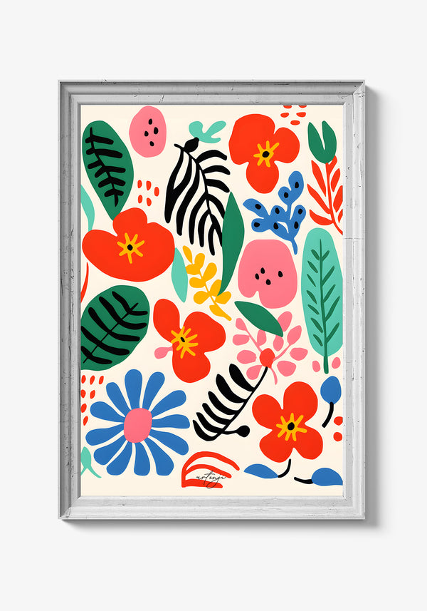 Vintage blomsterplakat med botaniske elementer.