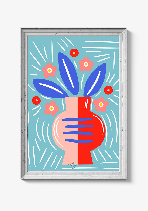 Tropisk blomsterplakat med grønne og pink toner.