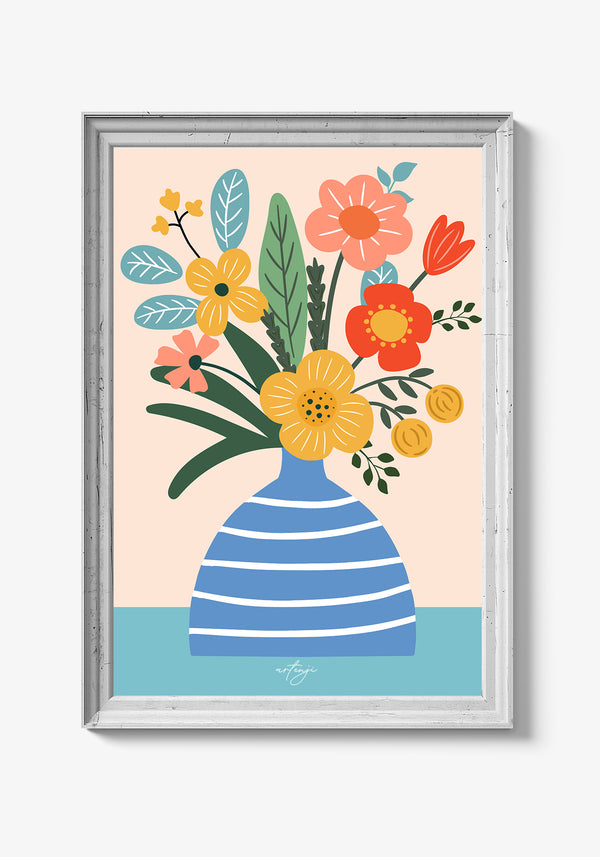 Abstrakte mønstre og blomster på kunstnerisk plakat.
