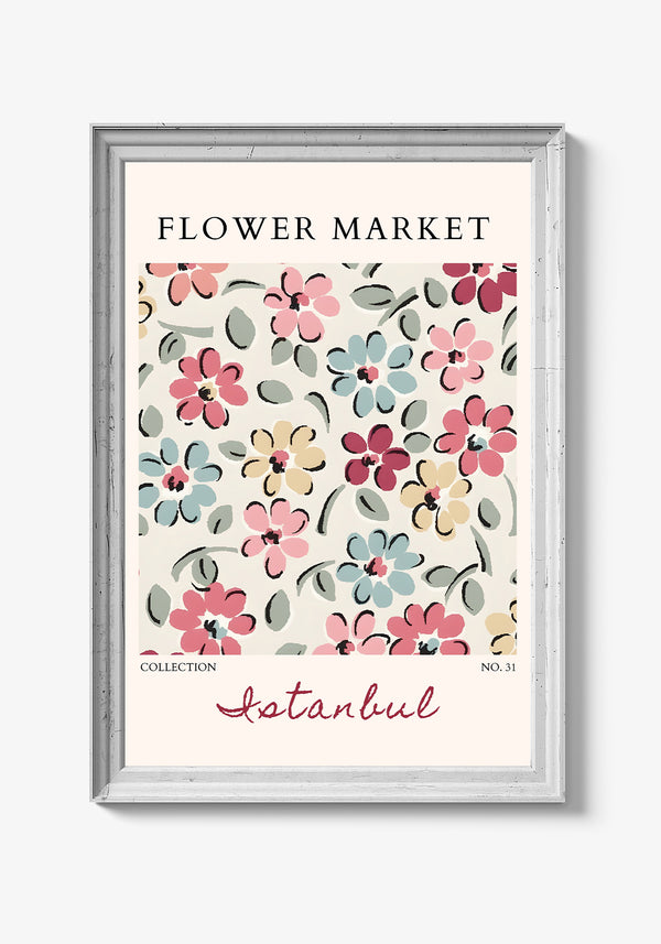Håndmalede blomster og naturlige farvetoner.