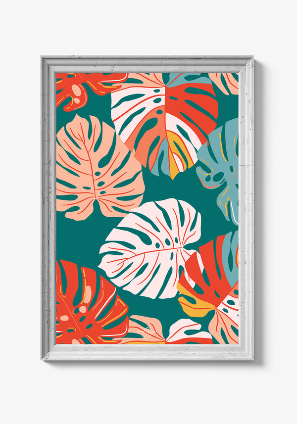 Farverig plakat med store blomster til vægdekoration.