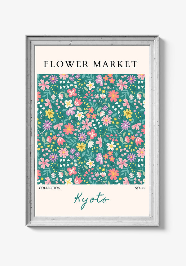 Plakat med blomster i vase og grønne nuancer.