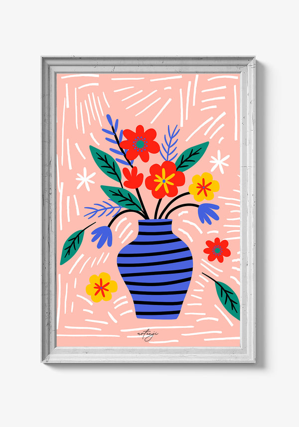Farverig abstrakt plakat med botaniske mønstre.