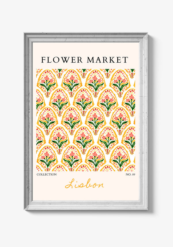Plakat med moderne blomsterprint og geometriske former.
