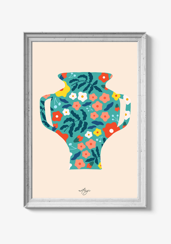 Tropisk inspireret plakat med palmer og blomster.