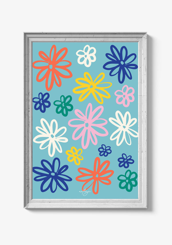 Plakat med blomster i blå og lilla toner.