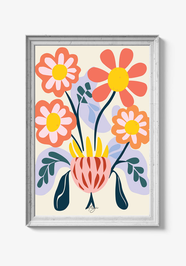 Abstrakt kunstplakat med fokus på farverige blomster.