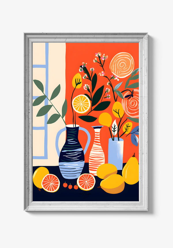Blomsterplakat med geometriske linjer og former.
