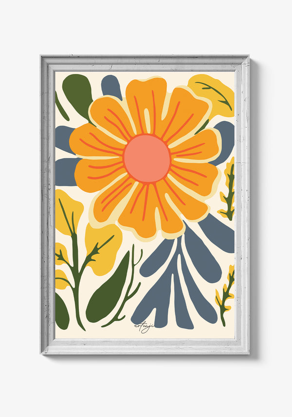 Blomsterplakat med dybde og kontrastfarver.