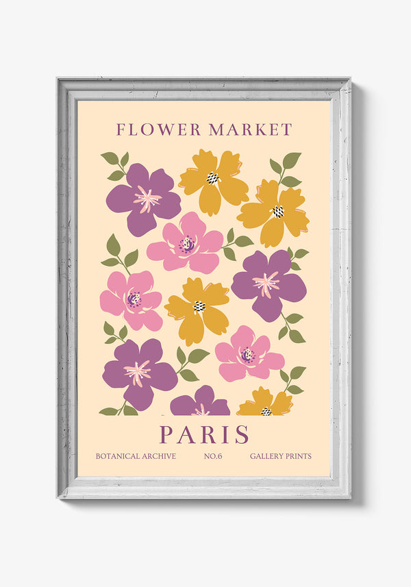 Plakat med sarte blomster og minimalistisk design.
