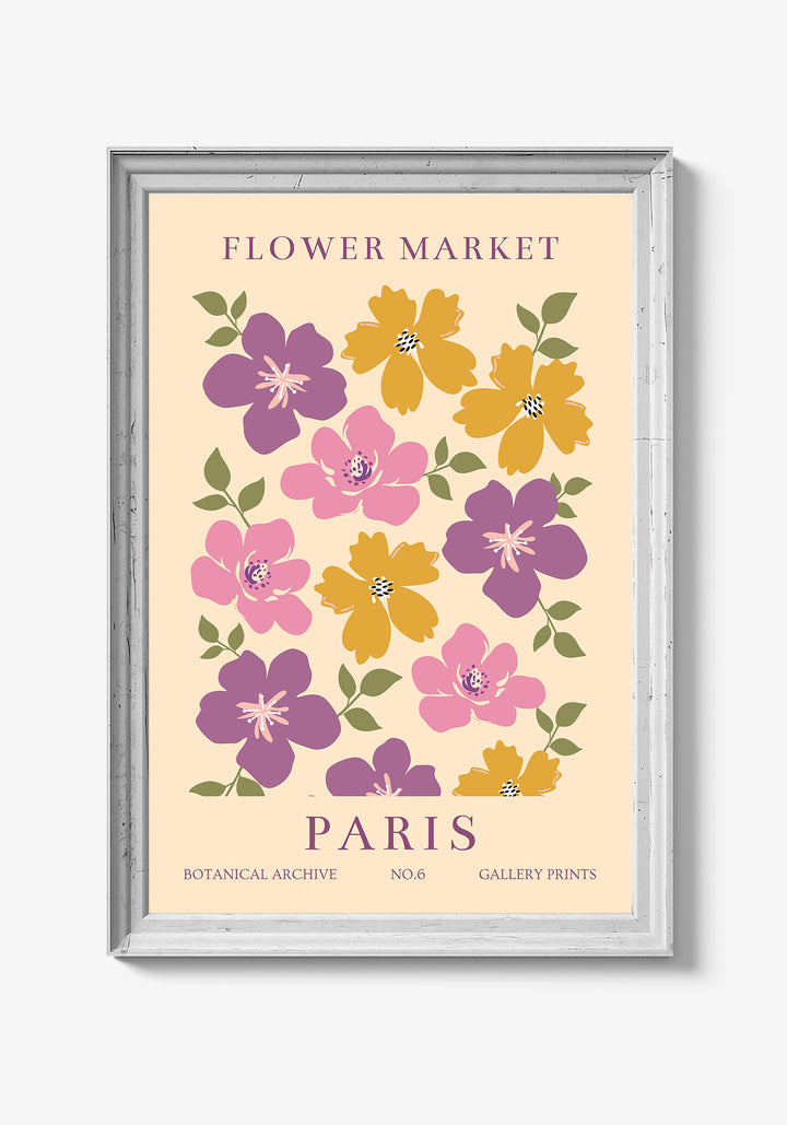 Plakat med sarte blomster og minimalistisk design.