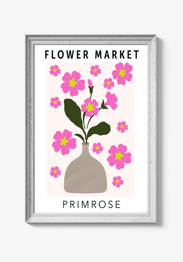 Abstrakt kunstplakat med blomster i pink og gul.
