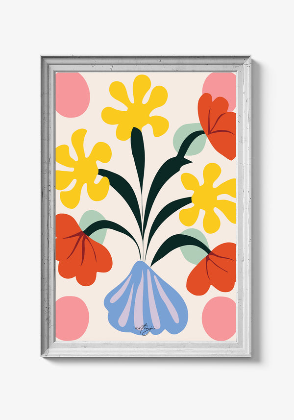 Tropiske planter og blomster på en livlig plakat.