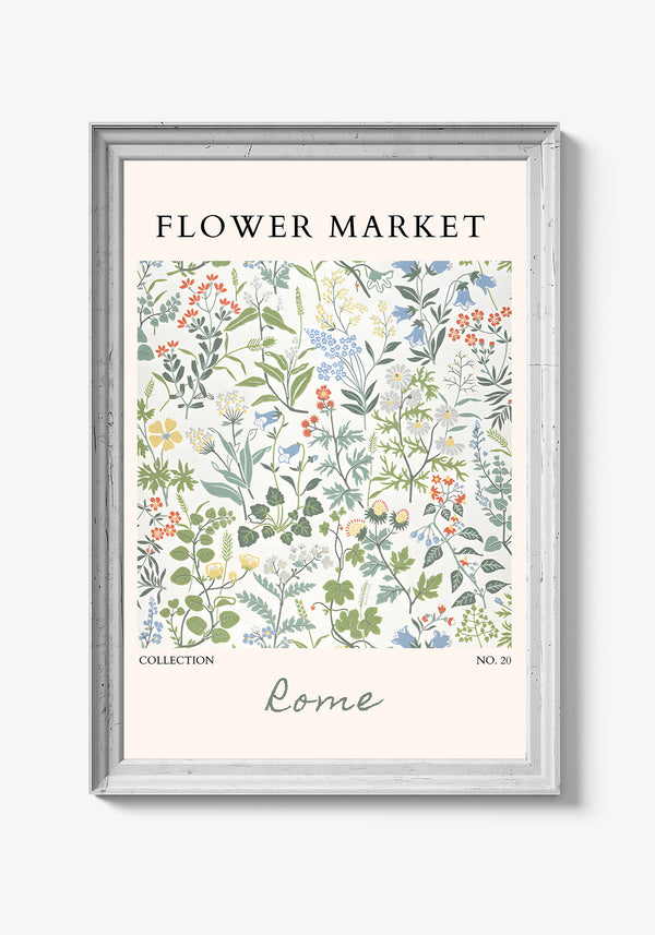 Plakat med minimalistiske blomster på beige baggrund.
