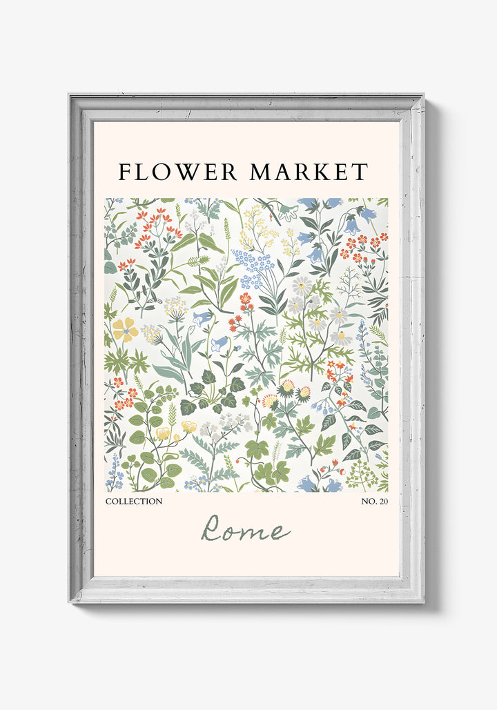Plakat med minimalistiske blomster på beige baggrund.
