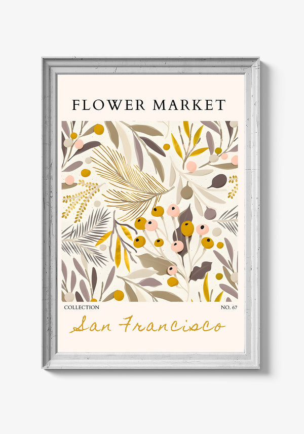 Kunstnerisk plakat med blomster og dynamiske former.