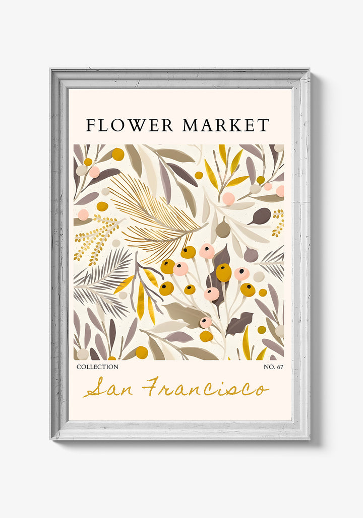 Kunstnerisk plakat med blomster og dynamiske former.