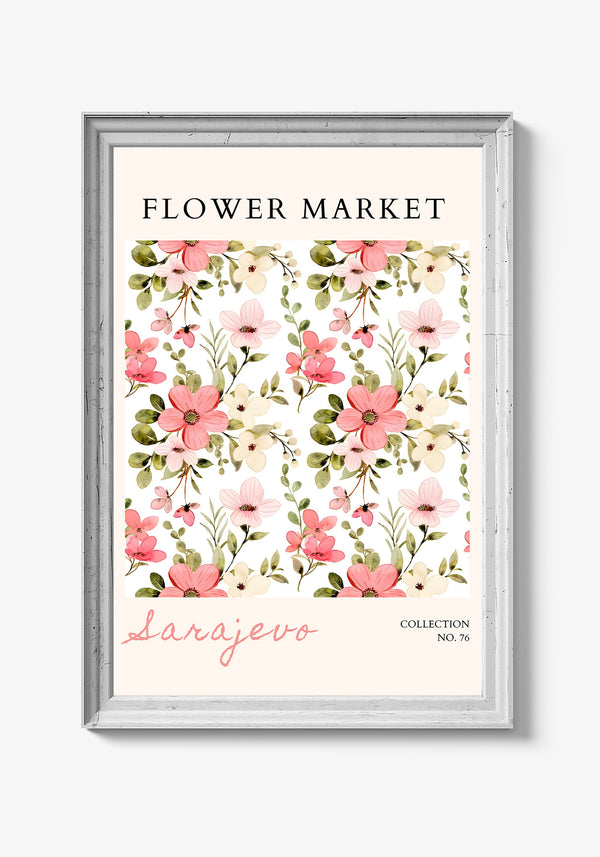 Botanisk plakat med tropiske blomster i fokus.