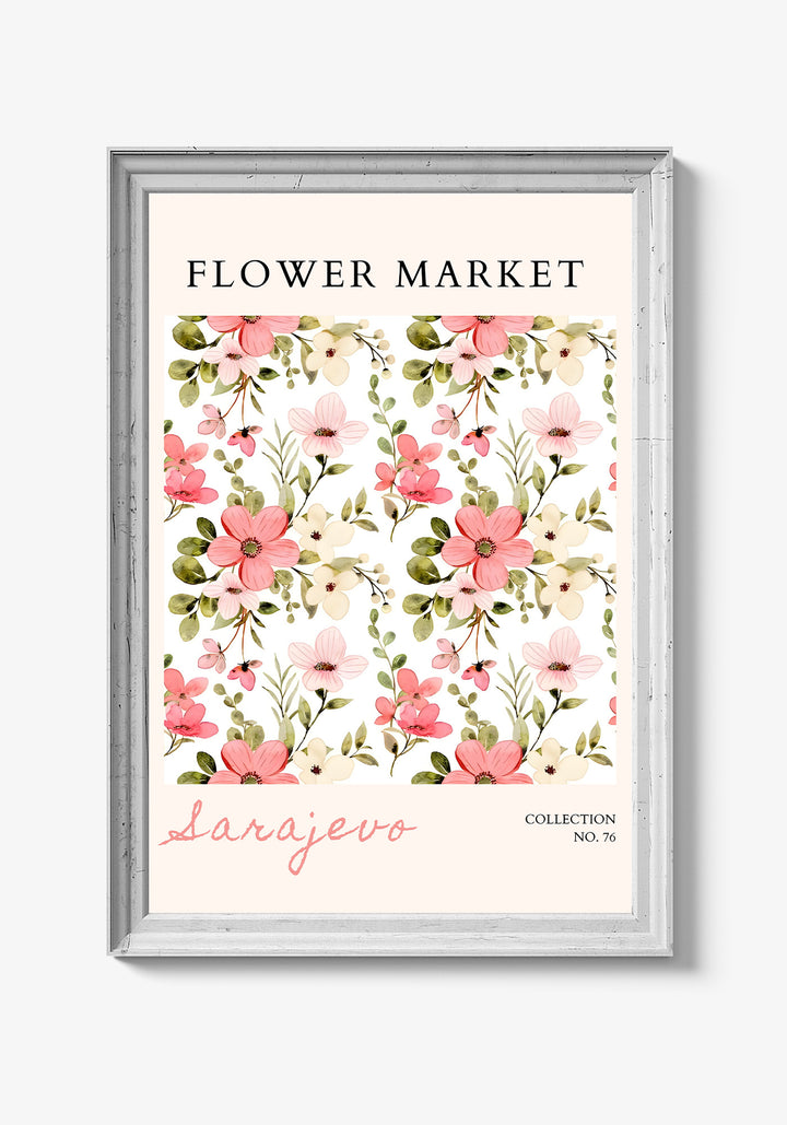 Botanisk plakat med tropiske blomster i fokus.