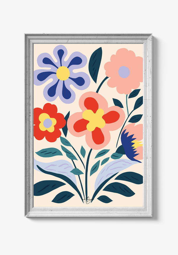 Romantisk blomsterplakat i røde og rosa toner.