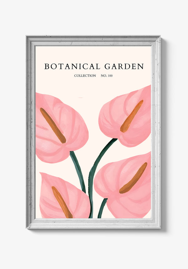 Farverige blomster i vase på naturinspireret plakat.