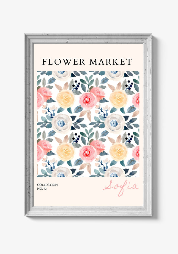 Farverig blomsterplakat med lag-på-lag tekstur.