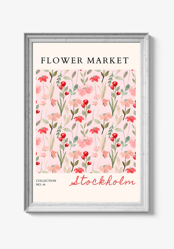 Kunstplakat med blomster og stærke kontrastfarver.
