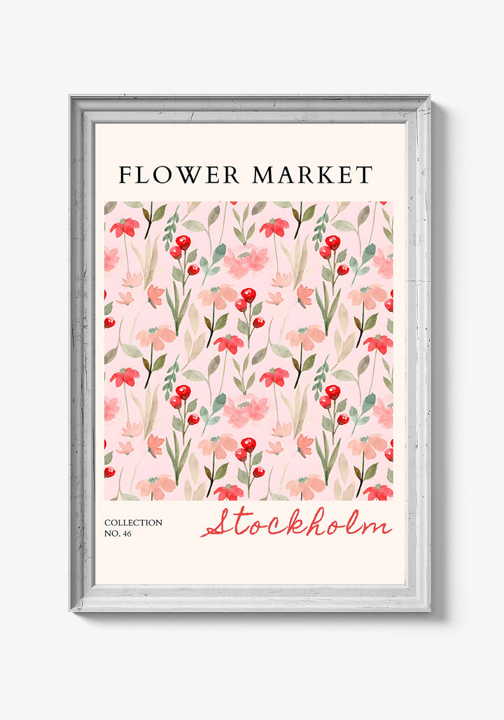 Kunstplakat med blomster og stærke kontrastfarver.