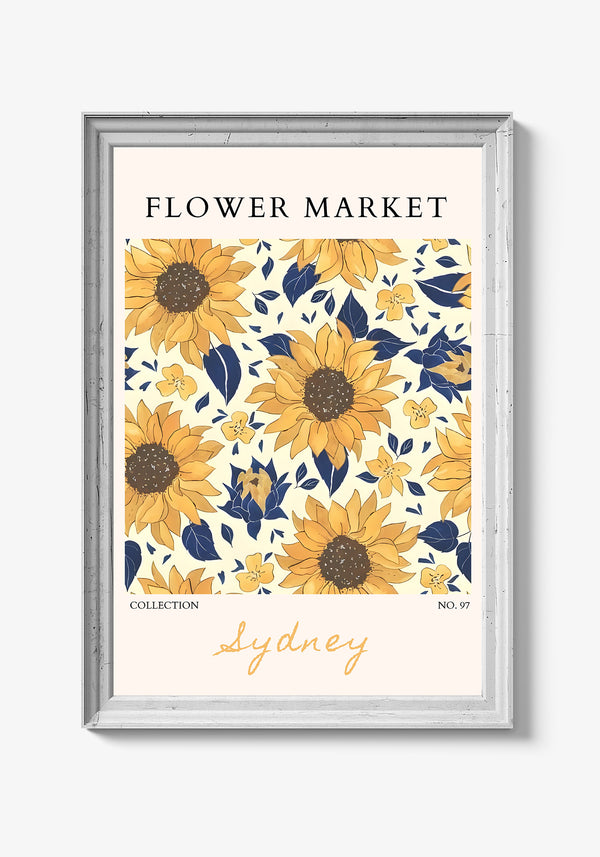 Farverig abstrakt plakat med botaniske elementer.