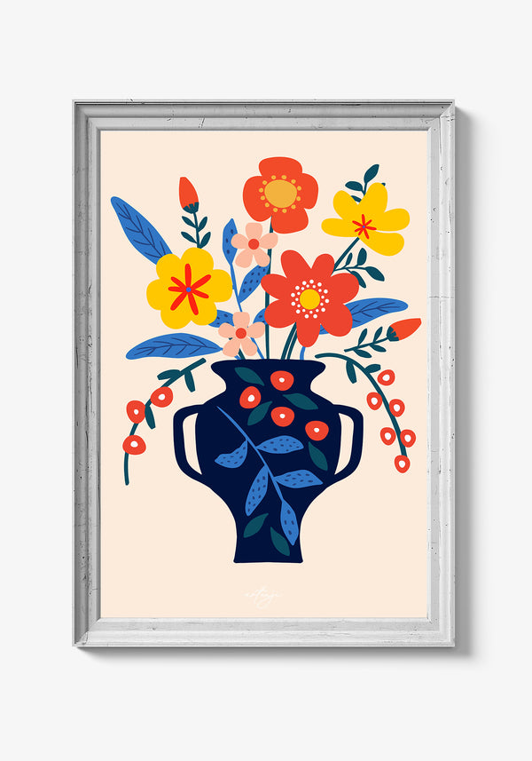 Plakat med blomster og sommerfugle i pastelfarver.