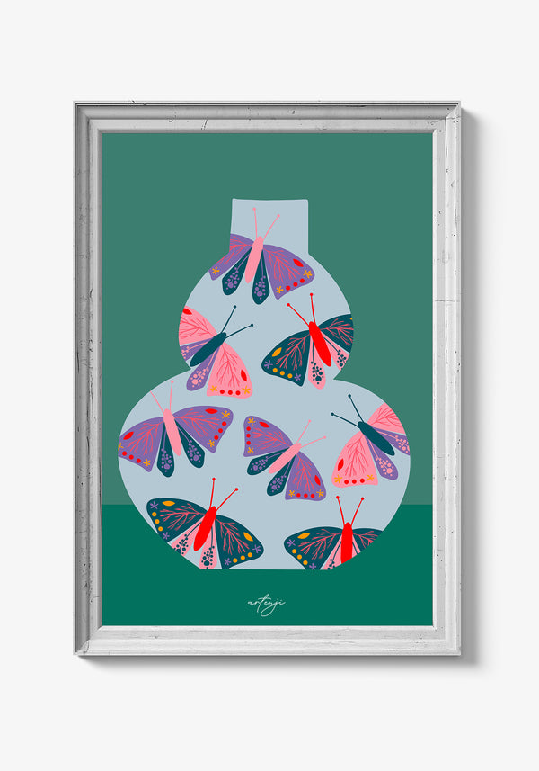 Akvarelplakat med engblomster i bløde toner.