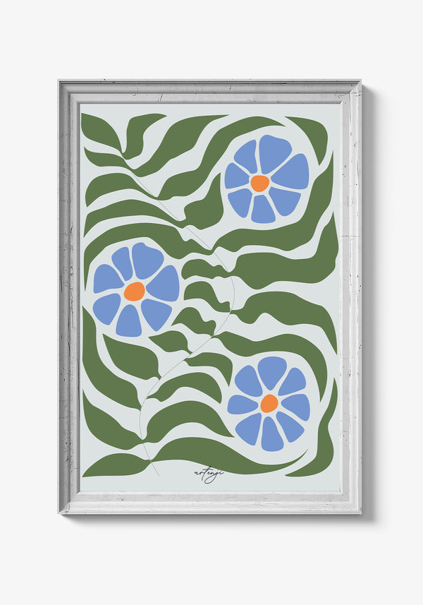 Abstrakt kunstplakat med blomster i pink og lilla.