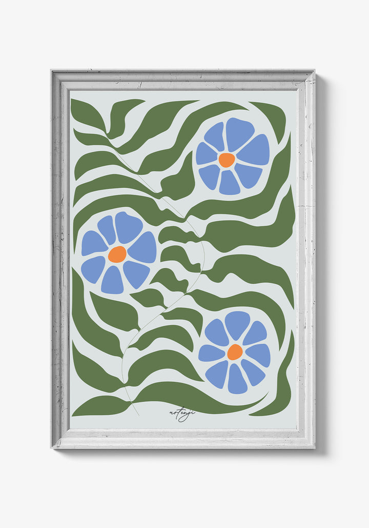 Abstrakt kunstplakat med blomster i pink og lilla.